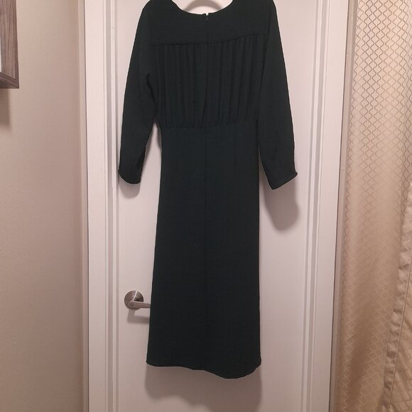 *BOGO FREE* XL Zara Green Gathered Midi Dress V-neck, Long Sleeves - Picture 2 of 6